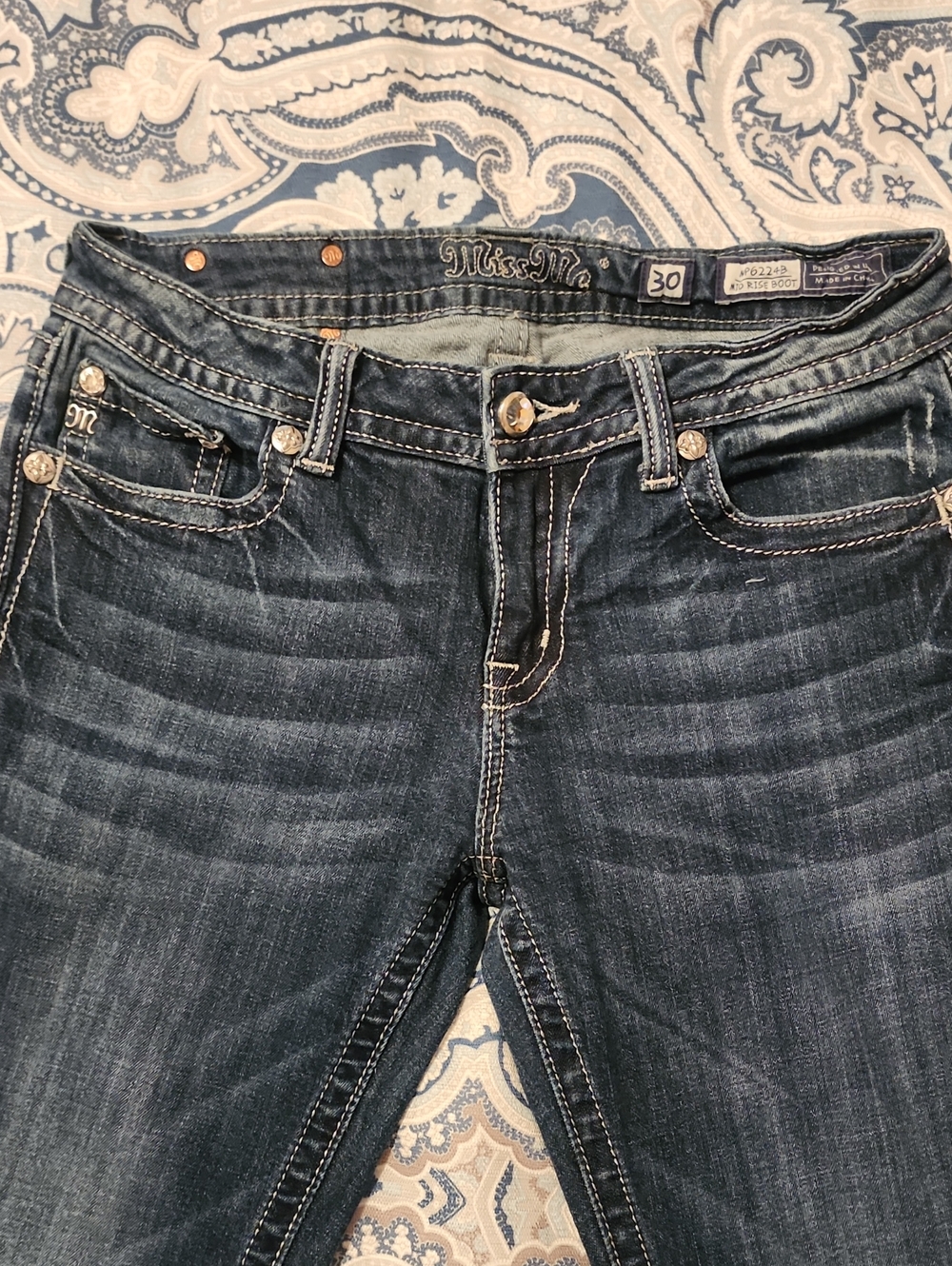 Miss Me Dark Blue Boot Cut Jeans with Contrast Stitching Size 30
